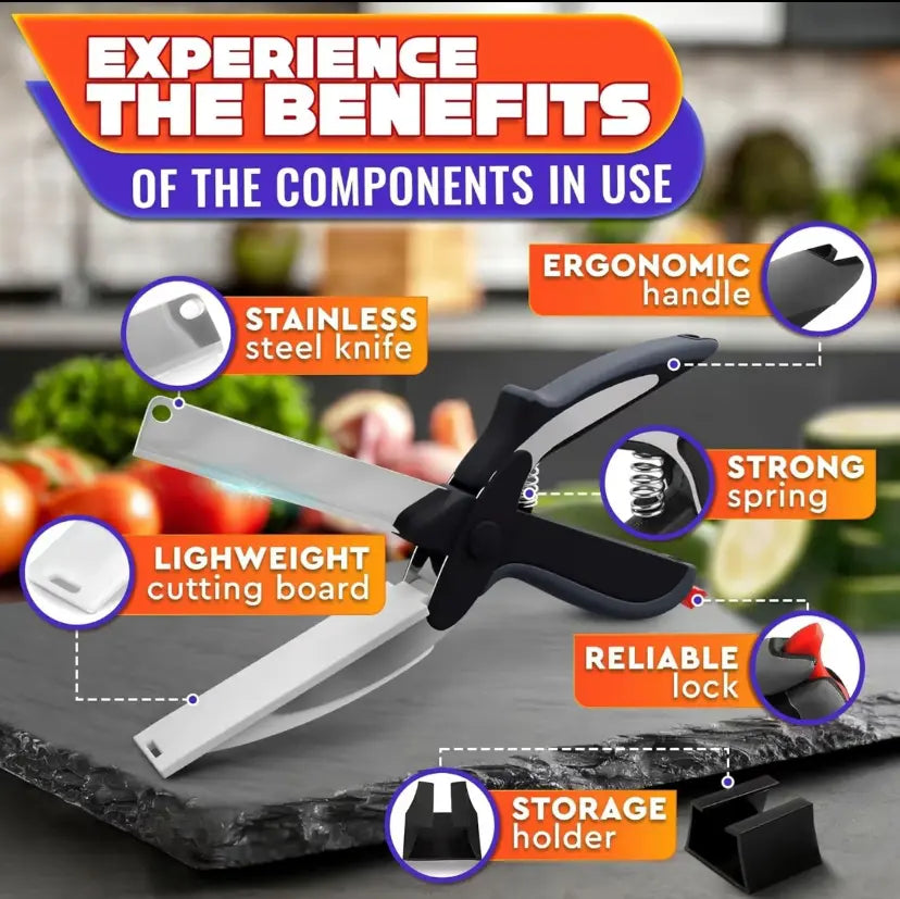 2 in 1 Kitchen Scissors for Food – Stainless Steel Blade & Plastic Cutting Board Scissors with Safety Lock | 9.6" Tomato Knife, Fruit & Vegetable Cutter – Easy-to-Use Kitchen Shears for Meat, Cheese
