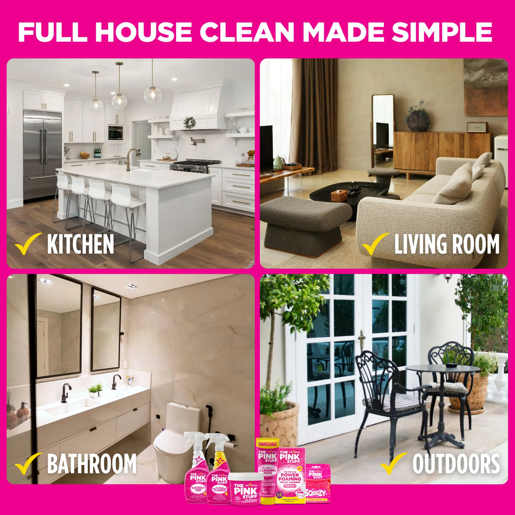 The Pink Stuff Total Home Essential Bundle - Cleaning Paste 500g, Squeezable Cleaning Paste 300g, Multi Purpose Spray 750ml, Bathroom Foam Spray 750ml, Foaming Toilet Powder 2 Pack, SQeeZY Sponge for Full Home Coverage