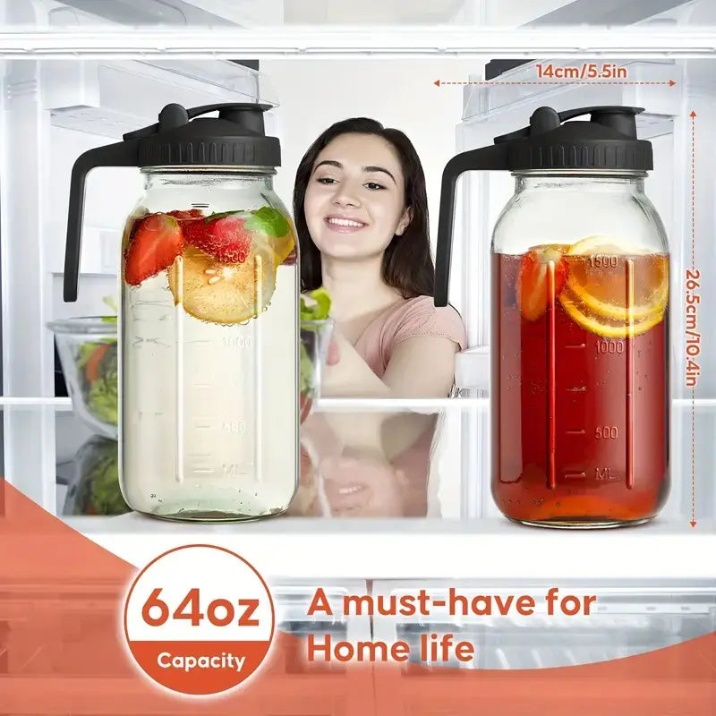 3PCS glass water kettle 64OZ, Mason jar water, lid spout, wide mouthed leak proof water kettle, cold water kettle, suitable for storing breast milk juice, water, milk, tea, iced coffee beverage set scale Tumbler with and Straws Fall Themed oak sip,su